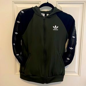 Adidas olive/black zippered tracksuit.